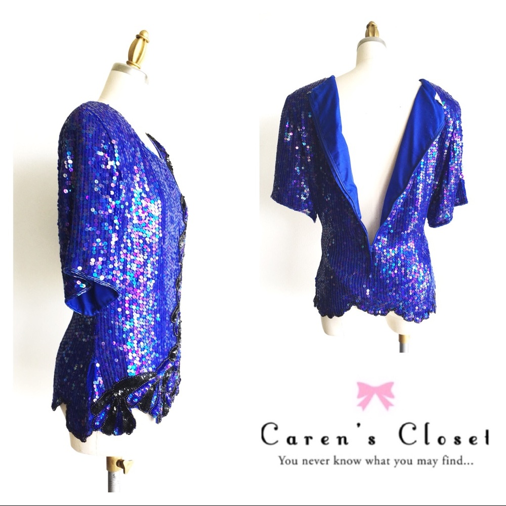 Vintage 80’s Stenay Royal Blue & Black Sequin Top - Picture 2 of 3